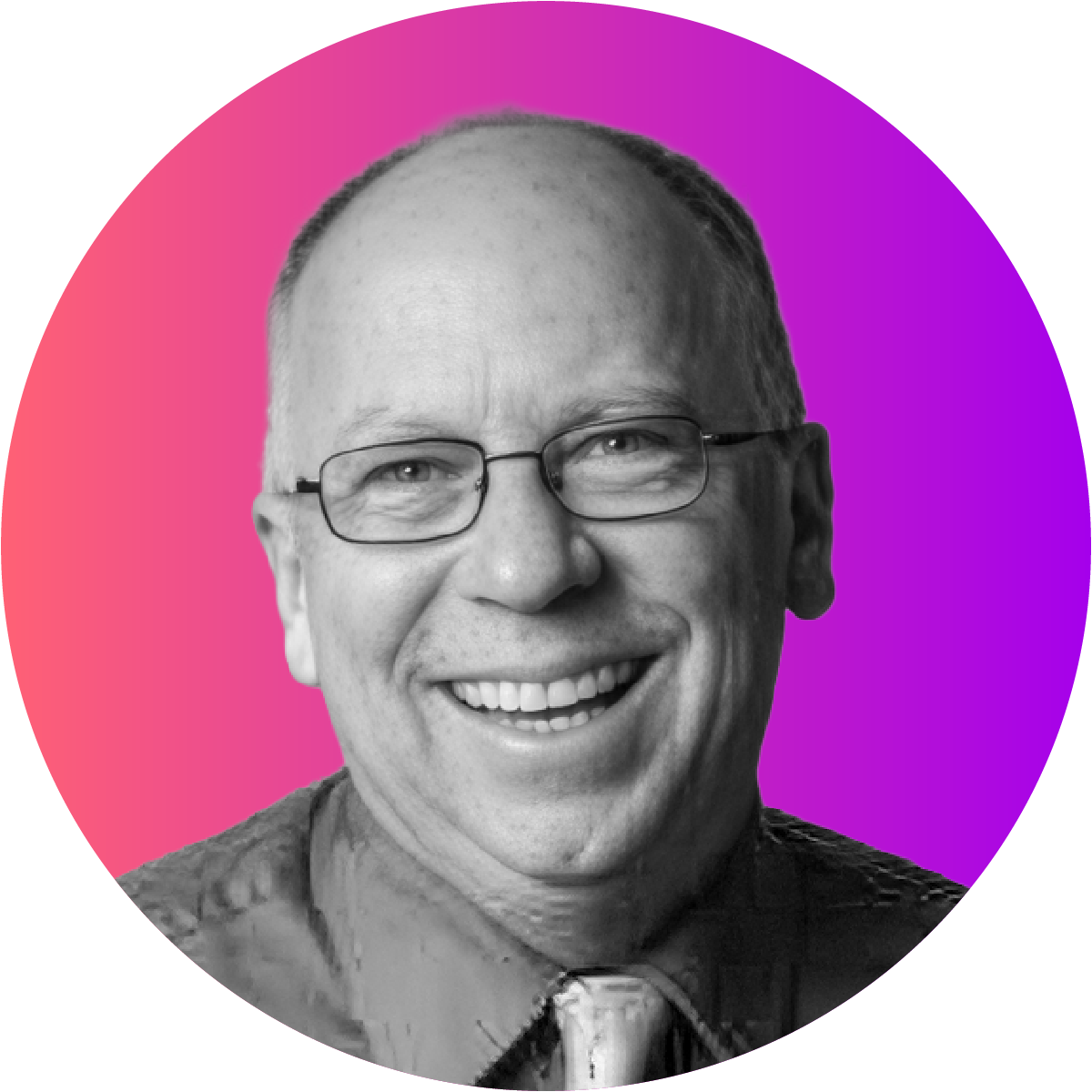 Black and white headshot of a smiling man wearing glasses and a shirt with a patterned tie, set against a vibrant pink and purple gradient background.