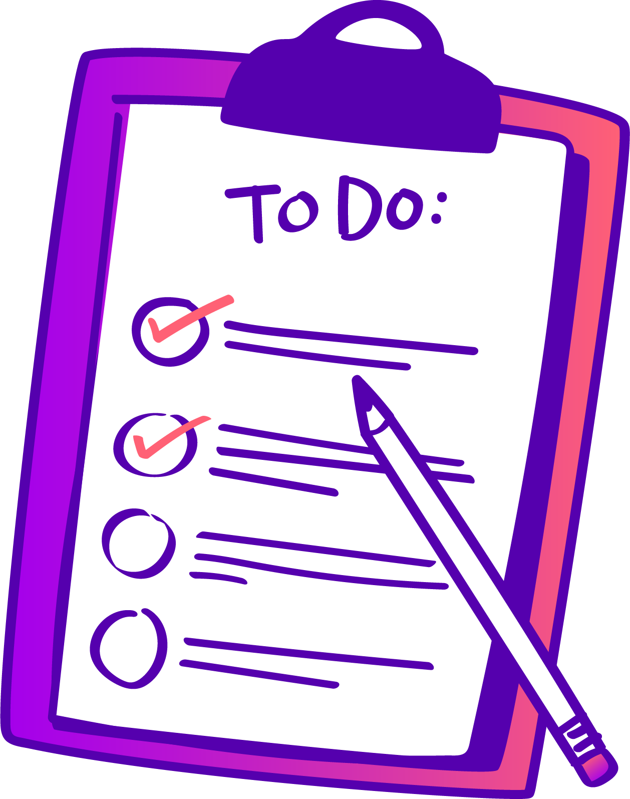 Illustration of a purple clipboard with a to-do list, two tasks checked off with pink check marks and a pen pointing to the list.