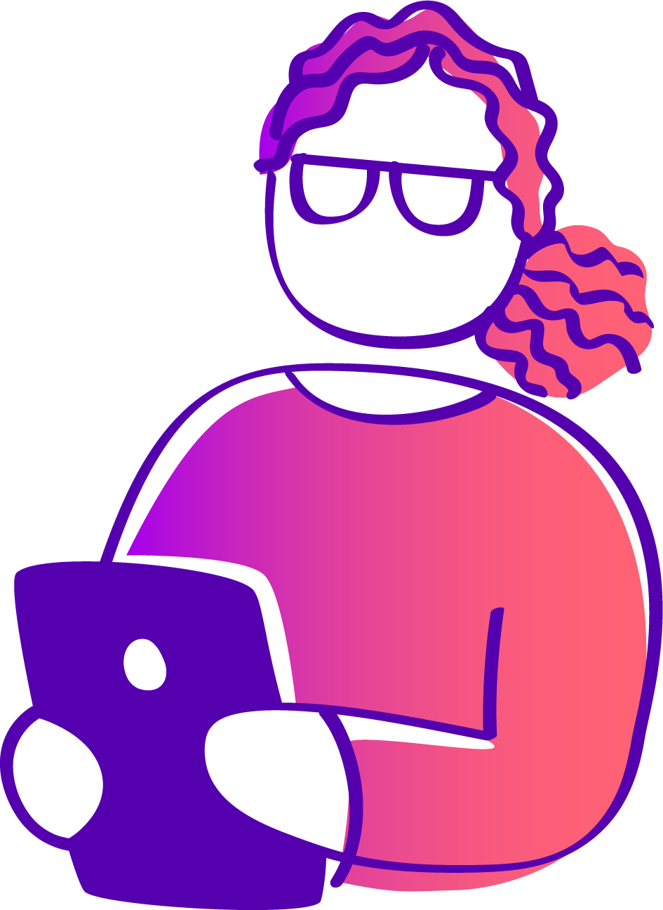 Cartoon person with colorful hair, sunglasses, wearing a pink and purple gradient shirt, holding a purple laptop.