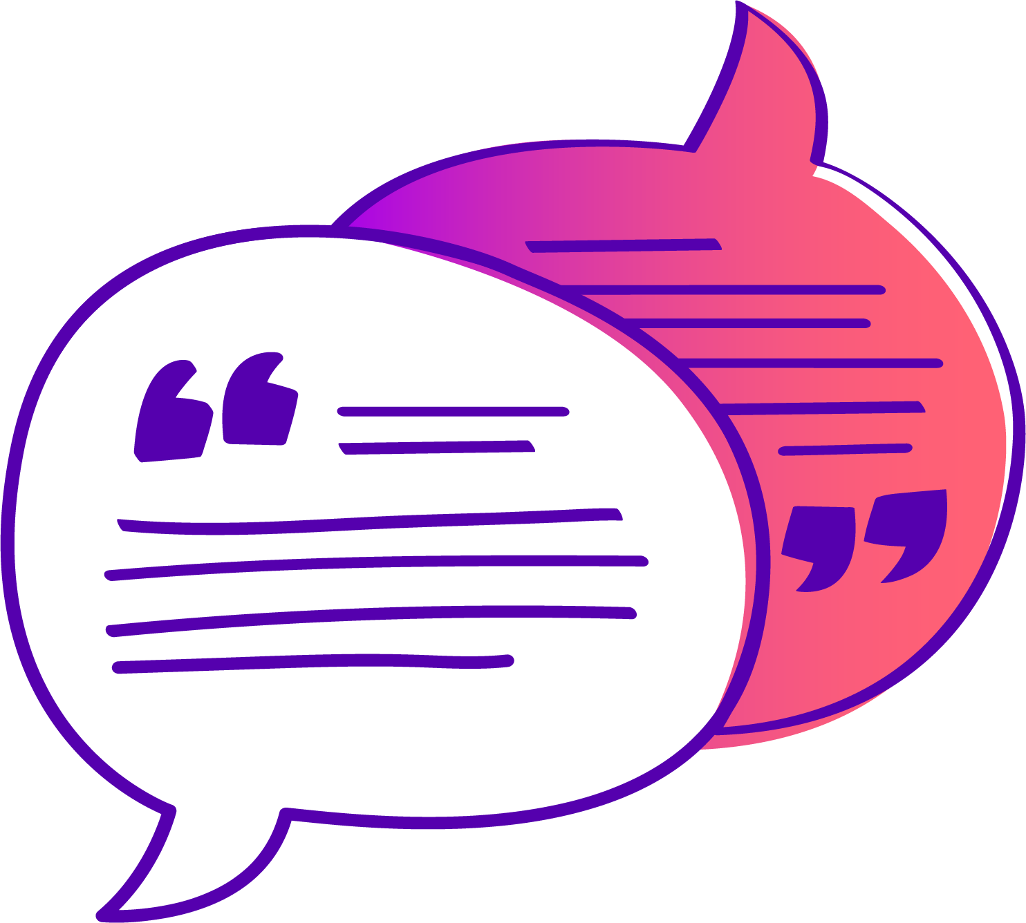 Colorful speech bubbles with quotation marks and lines representing text, in purple, pink, and white shades.