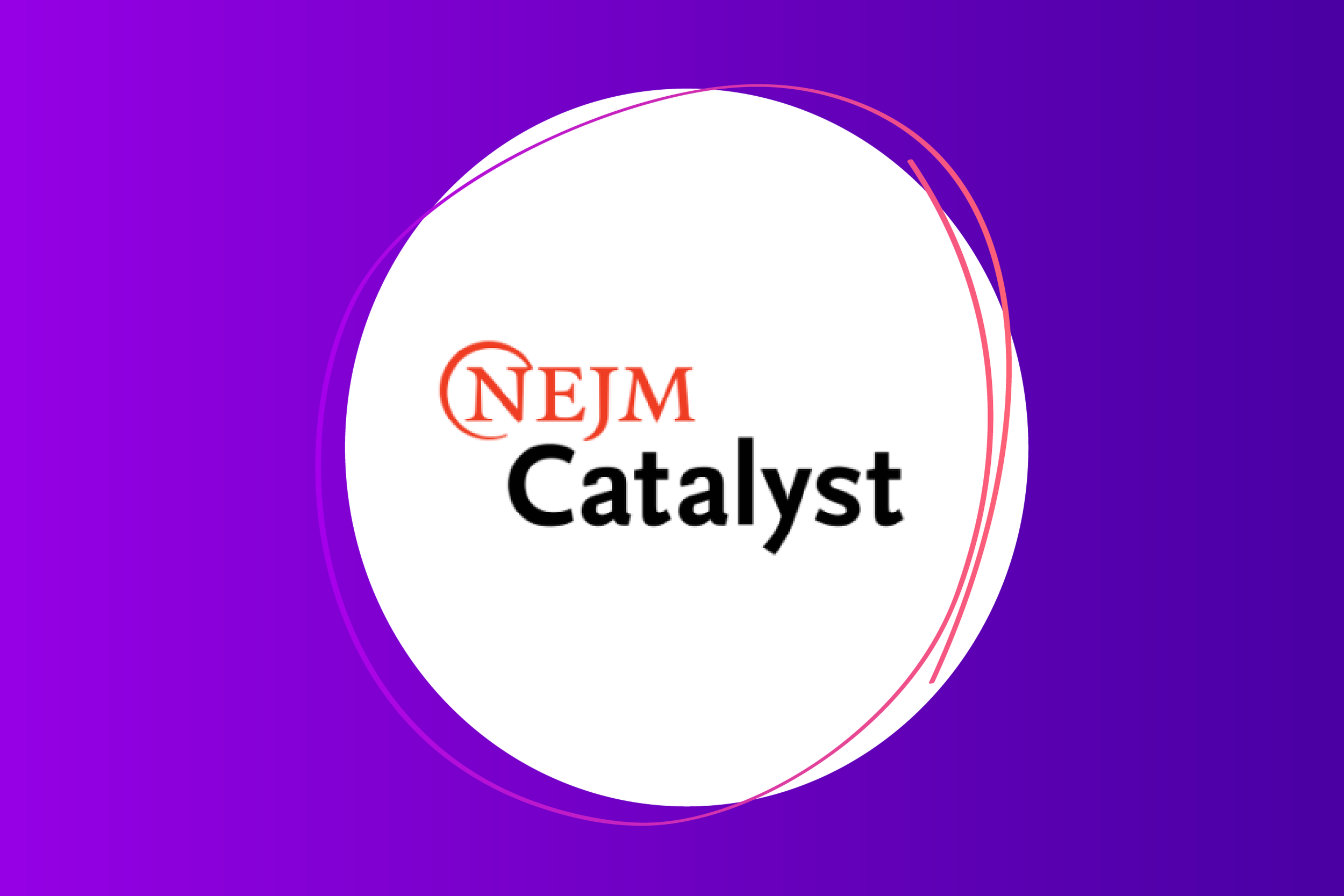 A graphic with a purple background and a white circle in the center. Inside the circle, the text reads 'NEJM Catalyst' with 'NEJM' in red and 'Catalyst' in black.