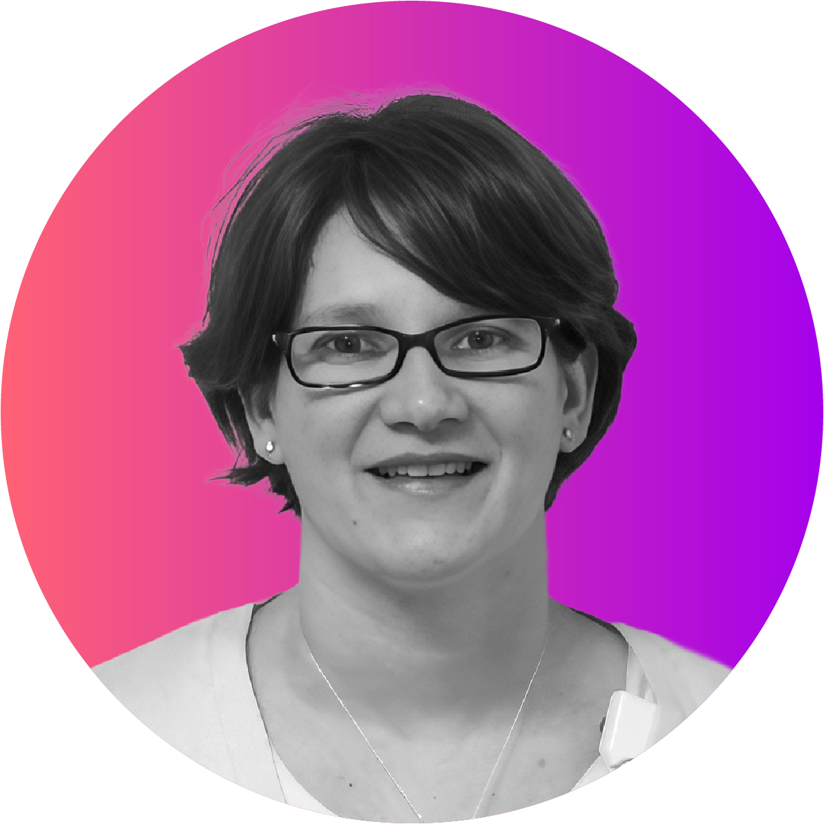 A black-and-white portrait of a woman with short dark hair, glasses, and earrings, smiling, with a colorful pink and purple gradient background.