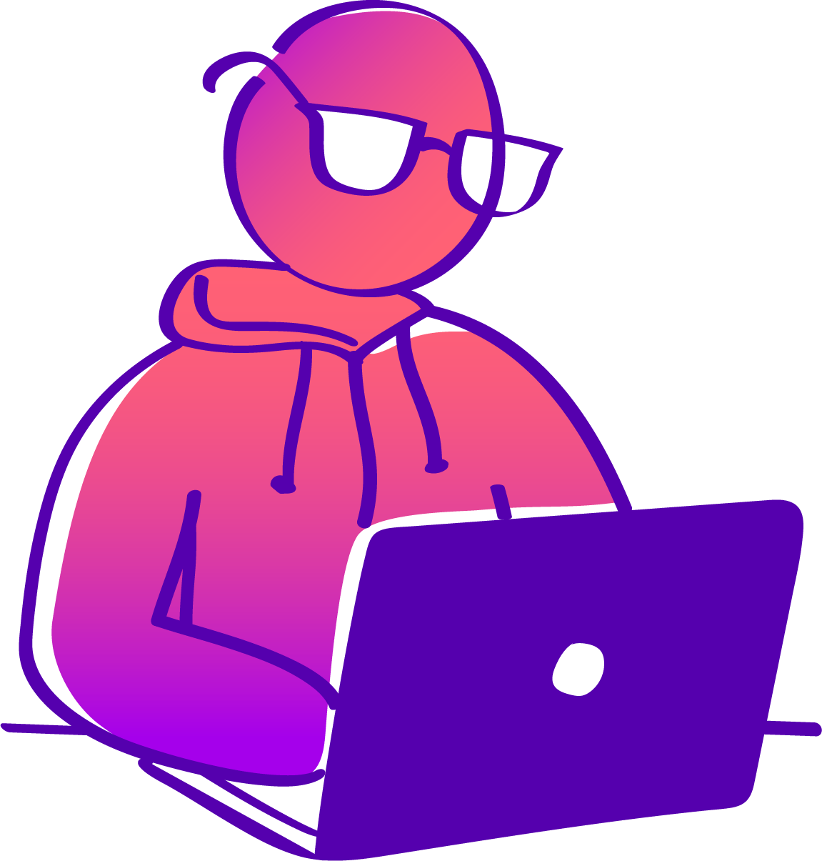 A digital illustration of a person wearing glasses and a hoodie, looking at a laptop screen, with a gradient background of purple and pink hues.