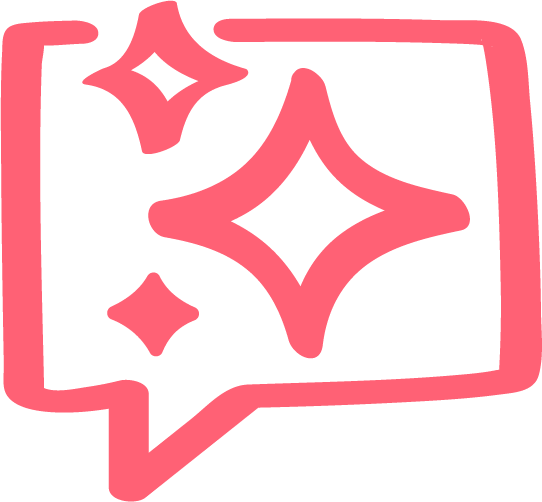 Pink outline speech bubble with star-shaped sparkles inside.