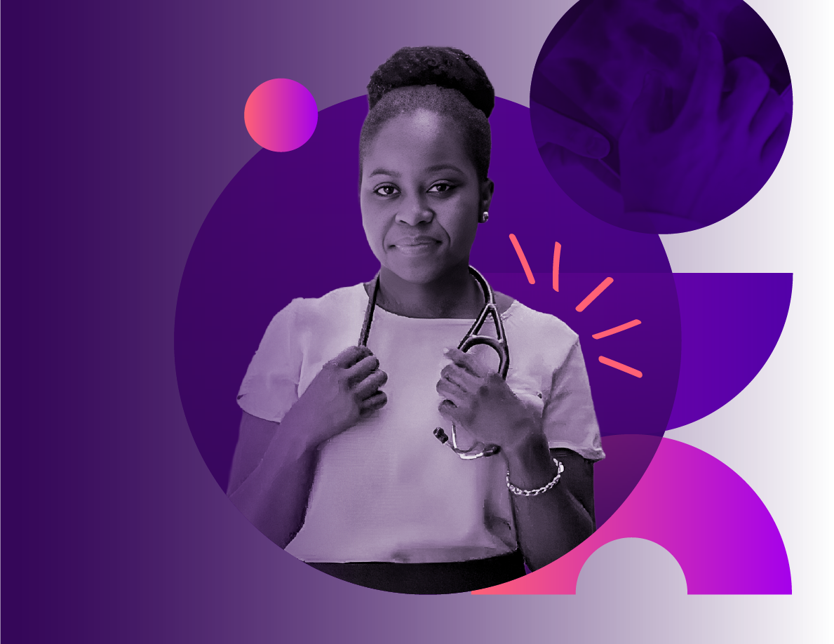 A female healthcare professional with a stethoscope around her neck, standing against a purple background with abstract geometric shapes.