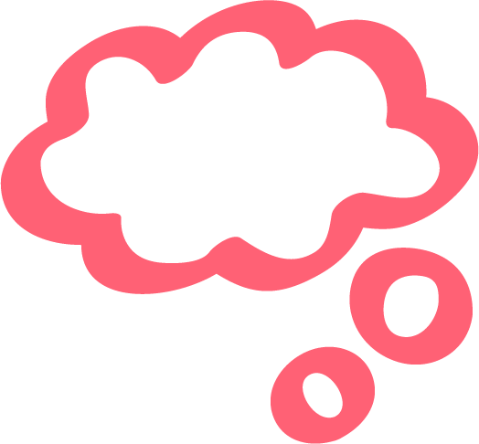 Pink outline of a thought bubble with black fill and three smaller pink circles indicating it's a thought.