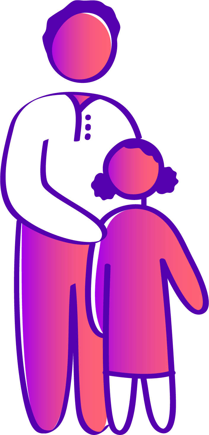 A stylized illustration of a person with a white shirt and pink pants, standing behind a child who has pigtails and a pink dress, with the adult gently holding the child's shoulders.
