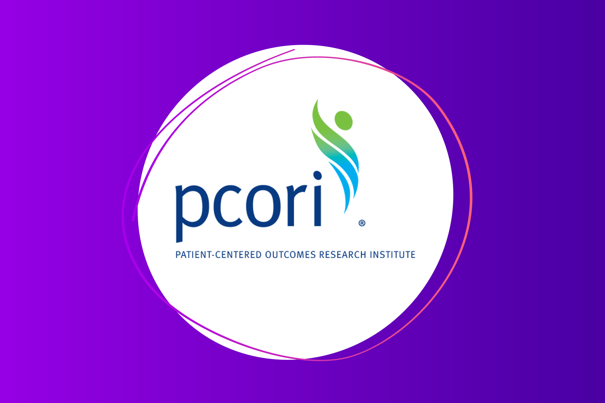 Patient-Centered Outcomes Research Institute logo on a white background annotated with a pink and purple circle on a purple gradient background 