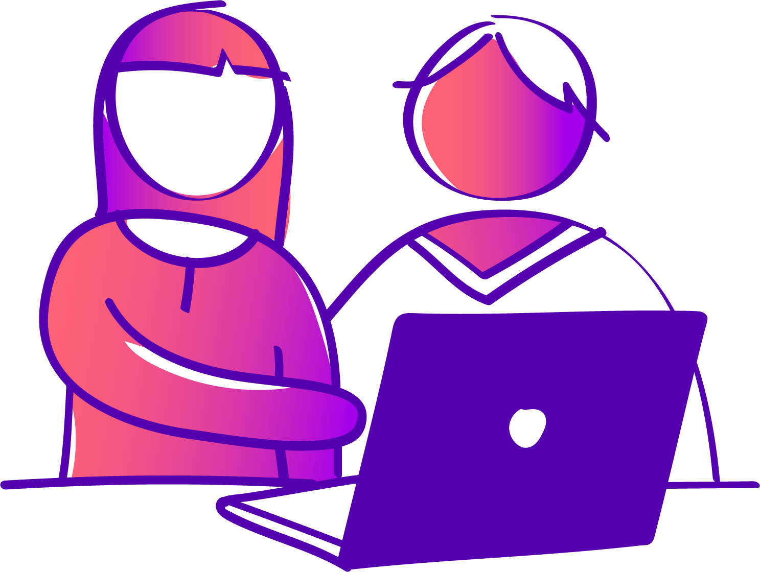 Two faceless figures, one with pink and purple hair and the other with white hair, look at a laptop screen. They are set against a purple background.