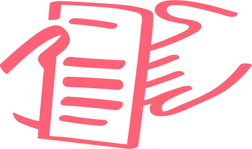 Drawing of a pink hand holding a notepad and pen.
