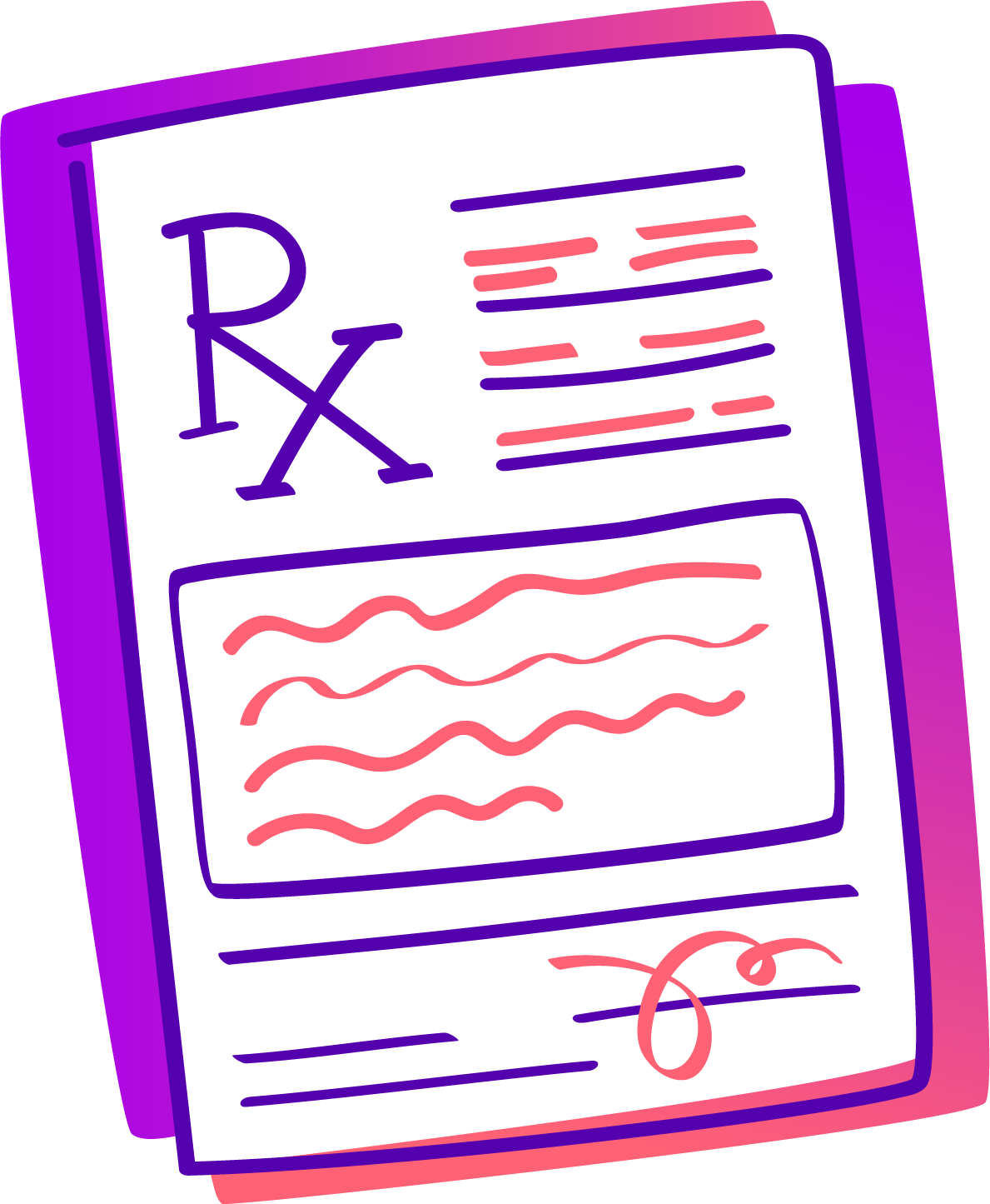 Illustration of a prescription medication form with purple and pink outline, featuring a large 'Rx' symbol, red and purple lines, wavy red lines, and a large red cursive letter 'O' at the bottom.