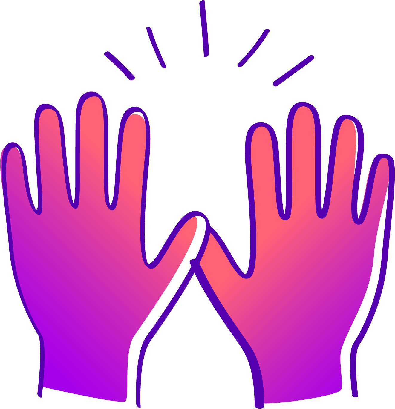 Two hands with pink and purple gradient color, touching their palms together in a stylized digital illustration.