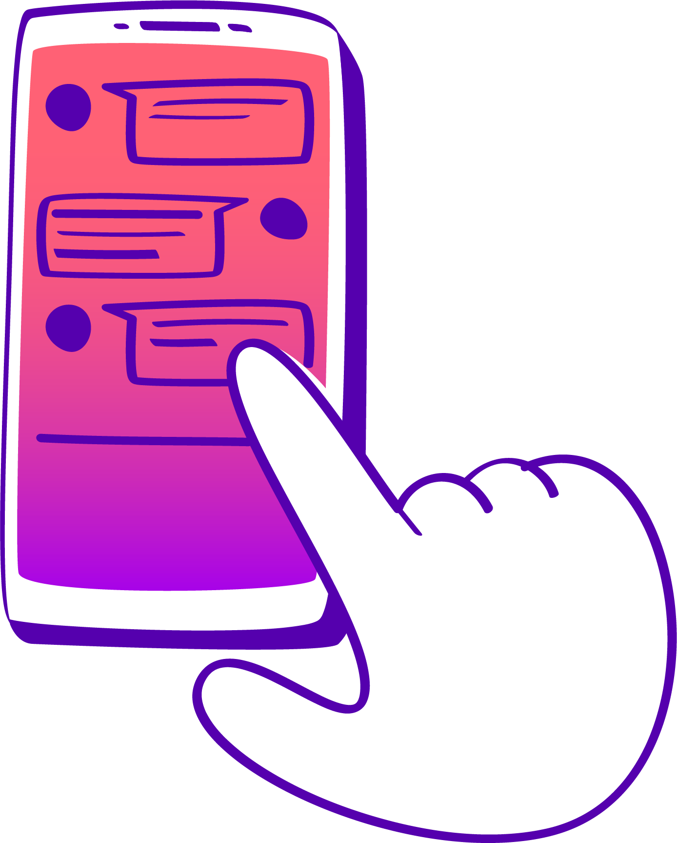 A digital illustration of a hand holding a smartphone with a pink and purple gradient background. The screen displays a messaging app with three speech bubbles in purple, each containing lines indicating text.
