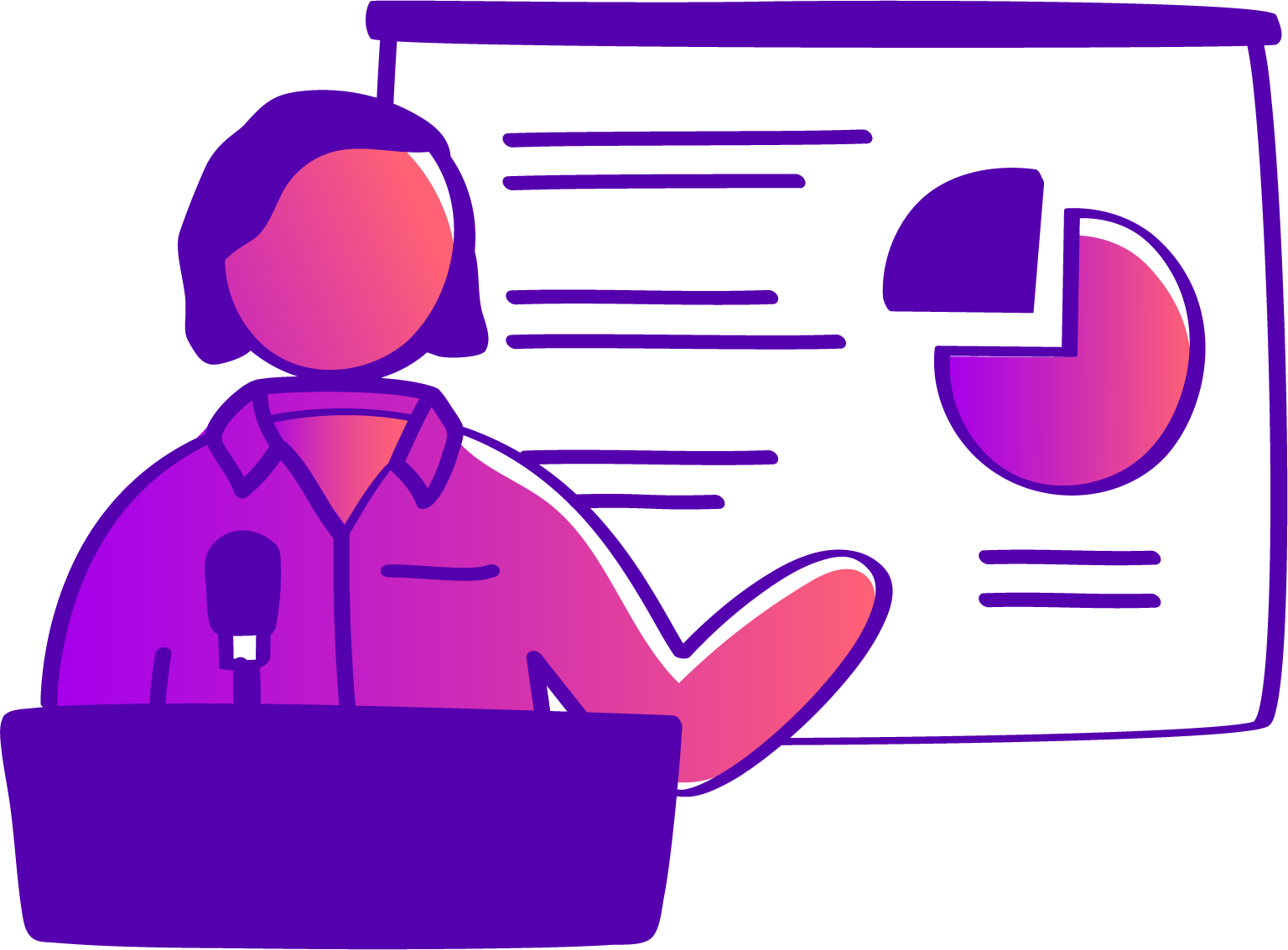 Illustration of a person giving a presentation with a microphone, pointing at a chart with a pie graph on a large screen behind them.