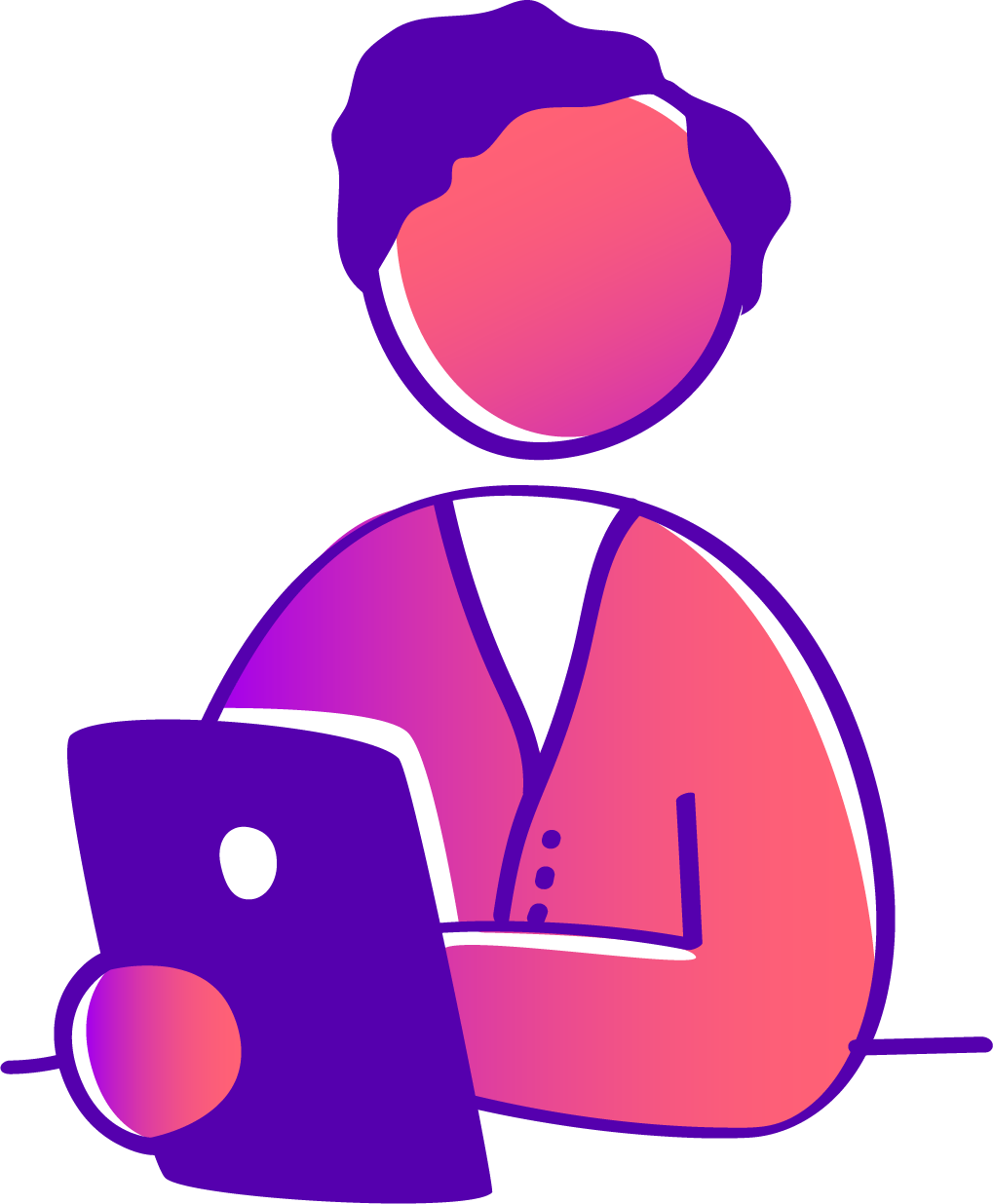 Abstract illustration of a person with a faceless head, using a laptop and holding a smartphone, rendered in gradient shades of pink, purple, and orange.