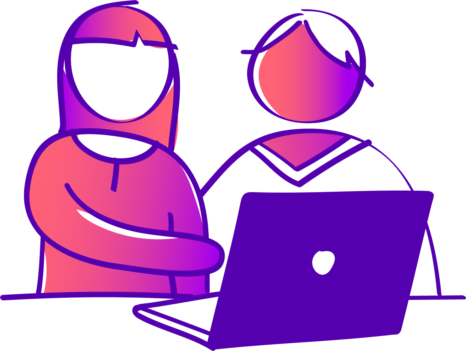 Two stylized figures, one with shoulder-length hair and another with short hair, sitting together working on a laptop against a purple background.