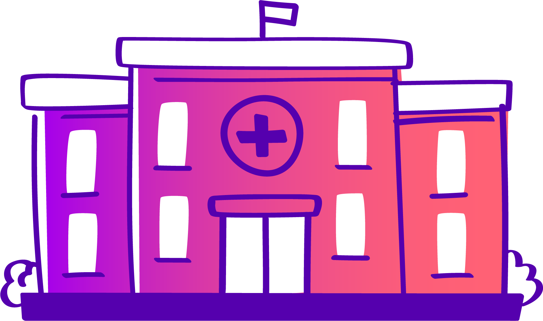 Stylized illustration of a hospital building with a central cross symbol, featuring rounded windows and a purple and pink color scheme.