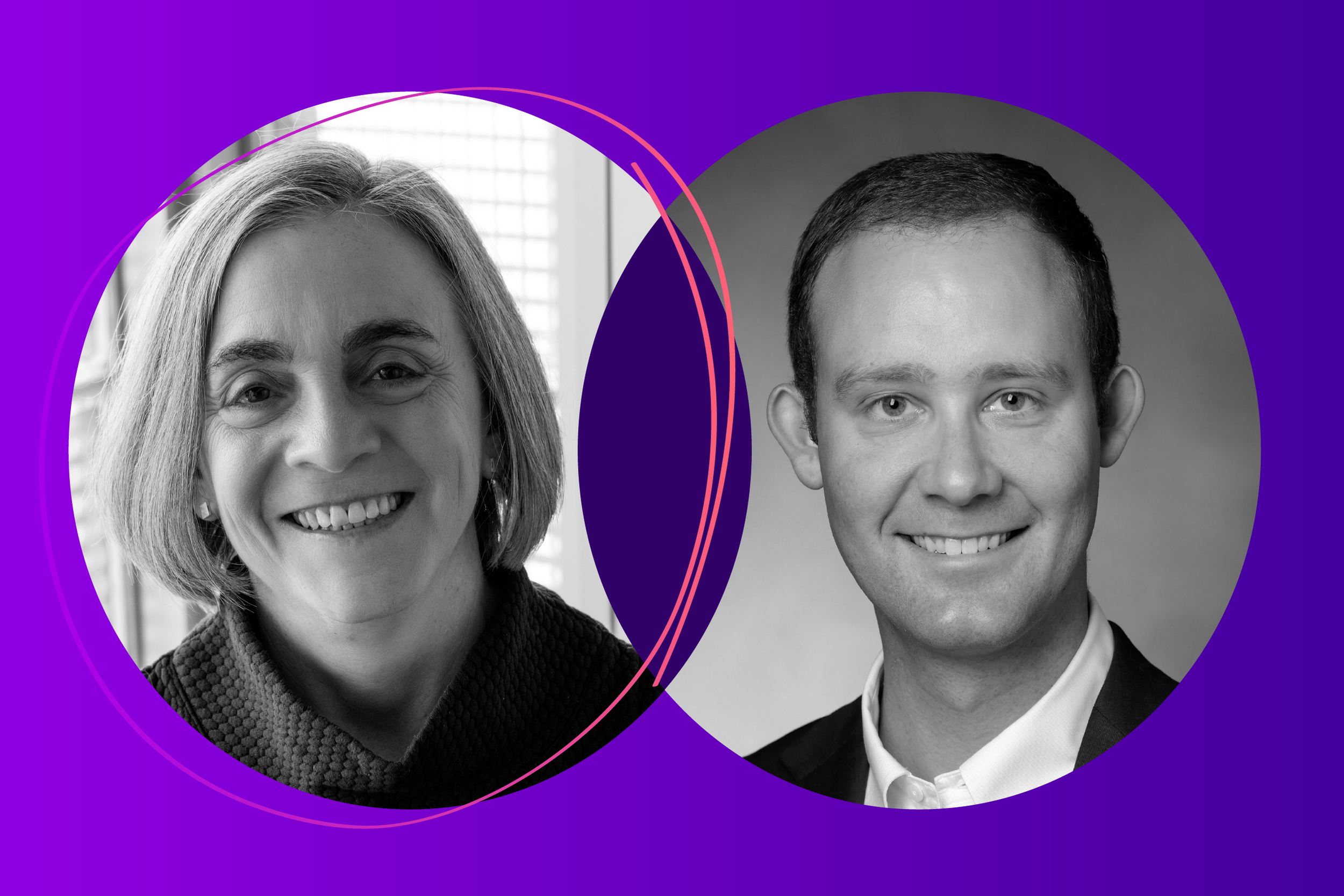 Black and white photo of a woman and a man smiling, with the woman on the left and the man on the right, set against a purple background with circular graphic elements.