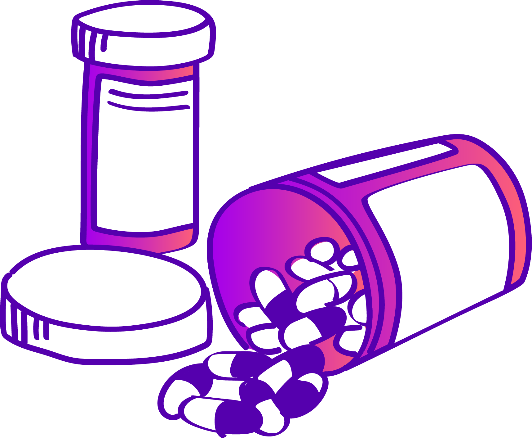 Illustration of prescription pill bottles, one upright and one spilled open with pills scattered around.