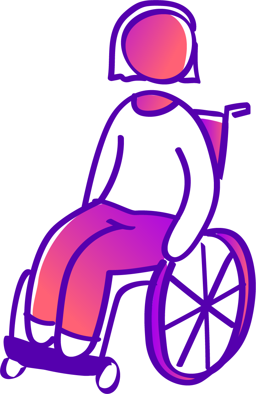 A stylized digital illustration of a person sitting on a large bean bag chair, with a gradient color scheme of pink, purple, and orange, and a dark purple background.