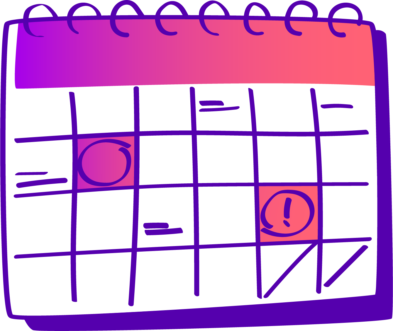 A colorful illustrated calendar with some dates marked, including a circle around the second day and an exclamation mark on the fifteenth, with a red highlighting at the top and bottom of the calendar.