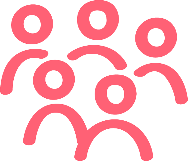 Pink stylized icons of people grouped together on a black background.