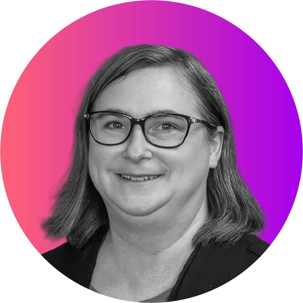 Black and white portrait of a woman wearing glasses, smiling, with shoulder-length hair, against a colorful pink and purple background.
