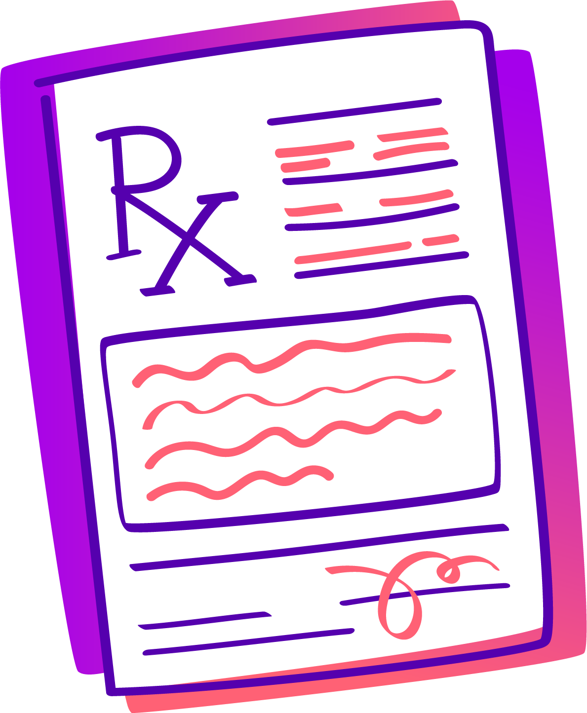 Illustration of a prescription medication form with handwritten notes, red wavy lines, and a large red signature at the bottom.