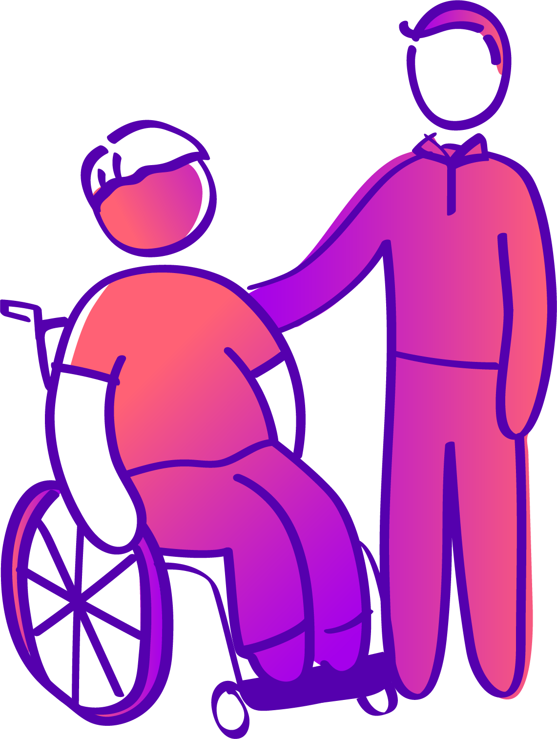 Digital illustration of two faceless figures, one sitting in a wheelchair and one standing, with gradient pink and purple clothing and dark purple outlines, set against a dark background.