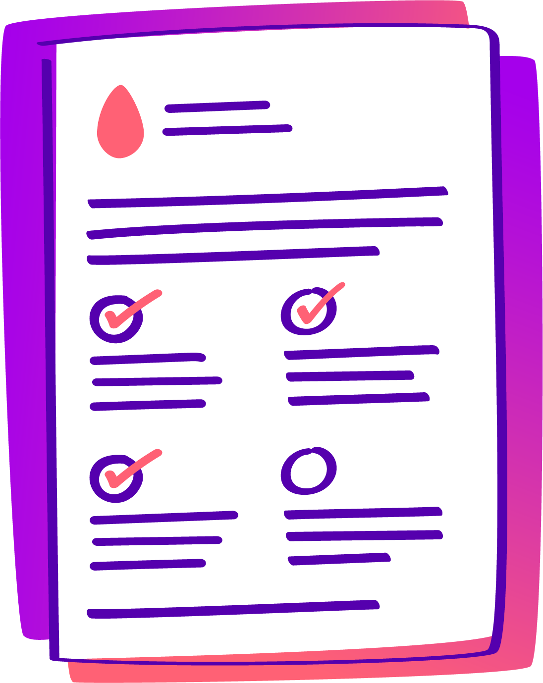 Illustration of a medical form with checkboxes, some marked with pink checkmarks, and a red droplet icon at the top, set against a purple gradient background.