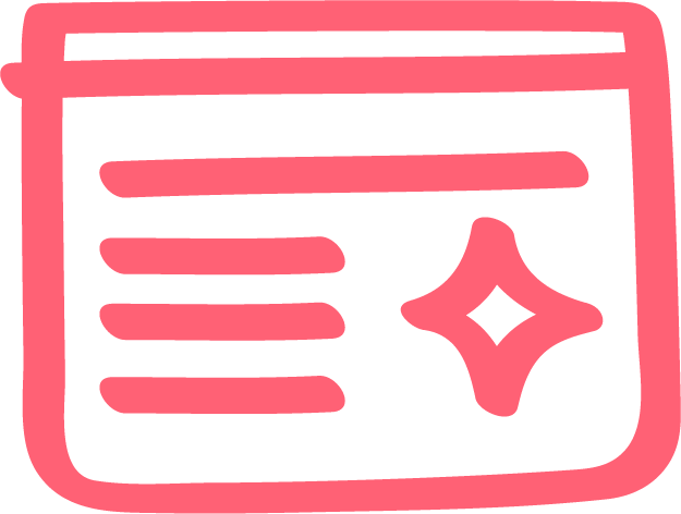 Pink outline of a credit card with lines representing text and a star-shaped symbol.