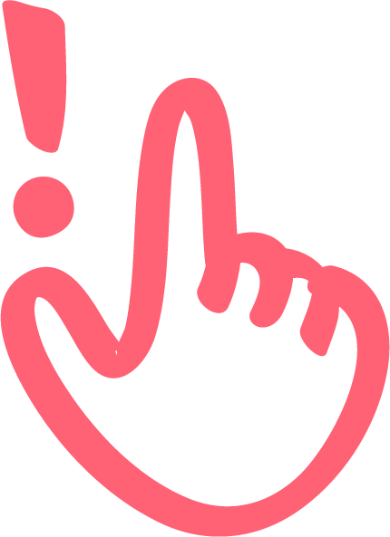 A pink hand with the index finger pointing up, surrounded by three exclamation points.