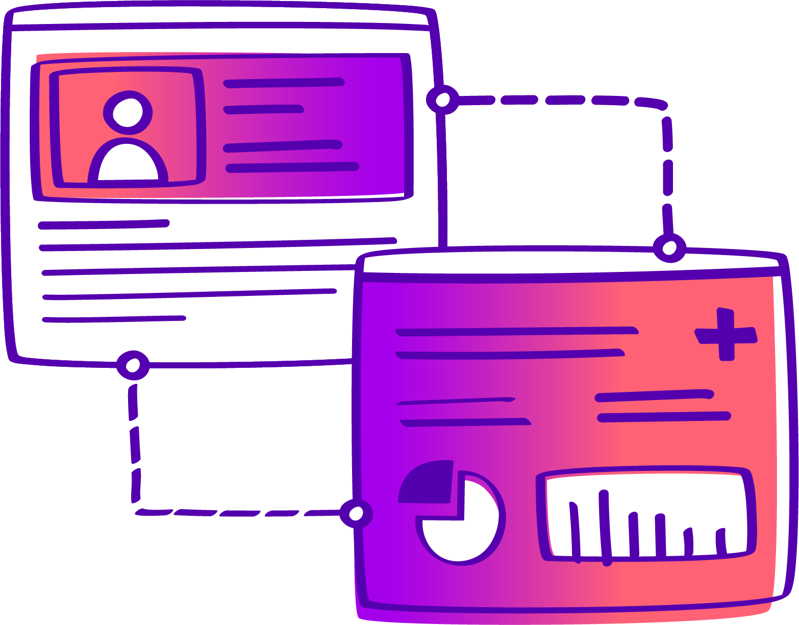Stylized illustration of digital health records and medication packaging, featuring documents with user profile and medical data, and a medication box with tablet icons, against a gradient purple background.