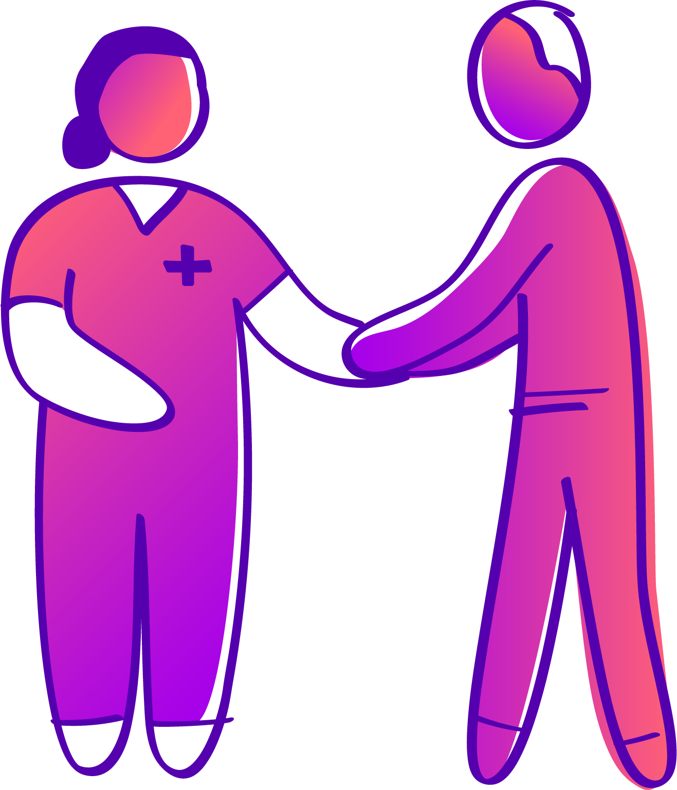 Illustration of a healthcare professional shaking hands with a patient, both with pink and purple gradient colors, set against a dark purple background.
