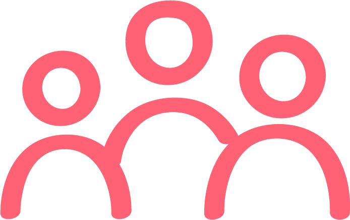 Icon of three pink outline figures representing a group of people.