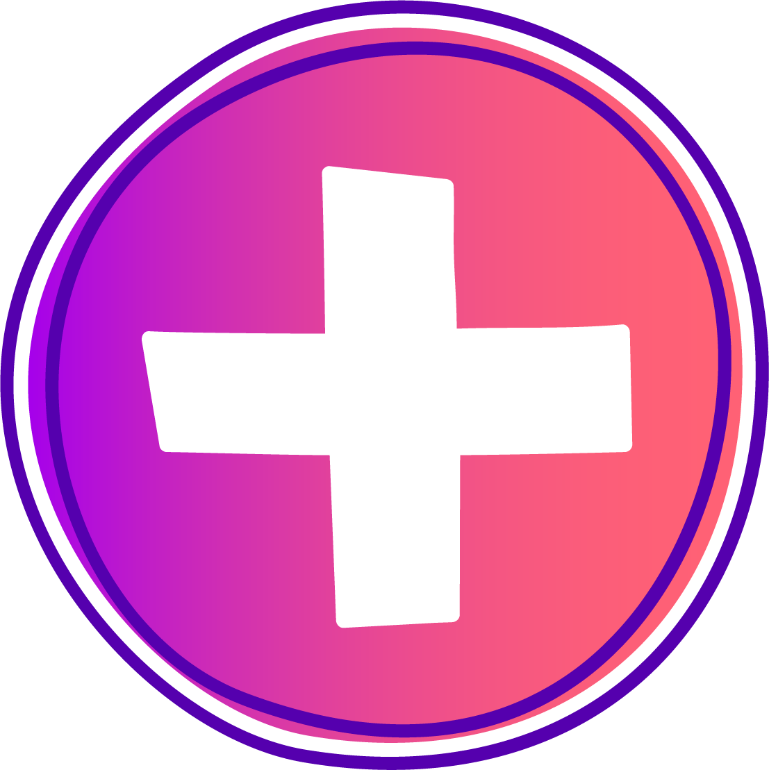 A circular icon with a white plus sign in the center, surrounded by a gradient background transitioning from purple to pink to orange, and a concentric layered border.