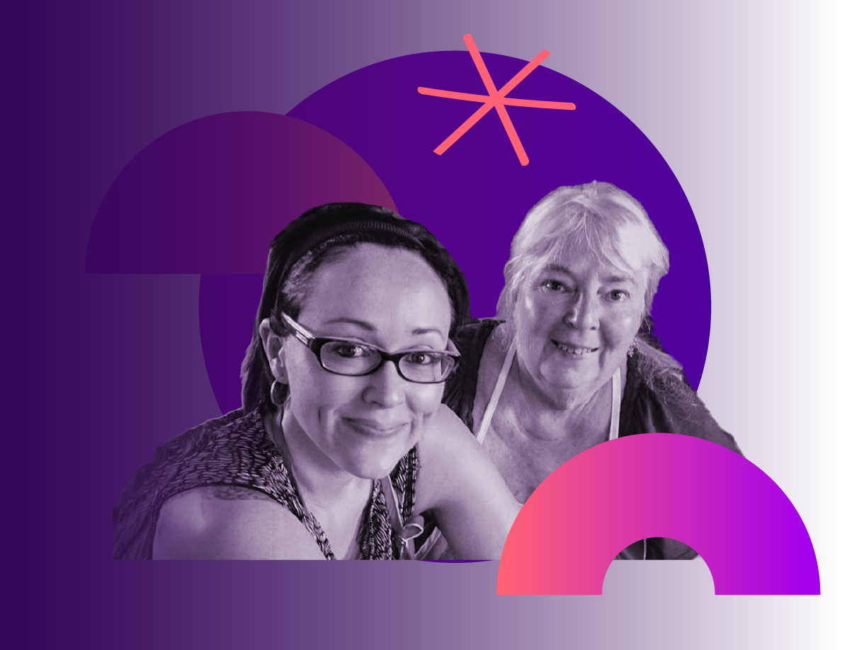 A grayscale photo of two women, one with glasses and dark hair, and the other with light hair, smiling and looking at the camera, against a colorful abstract background with purple, pink, and orange shapes.