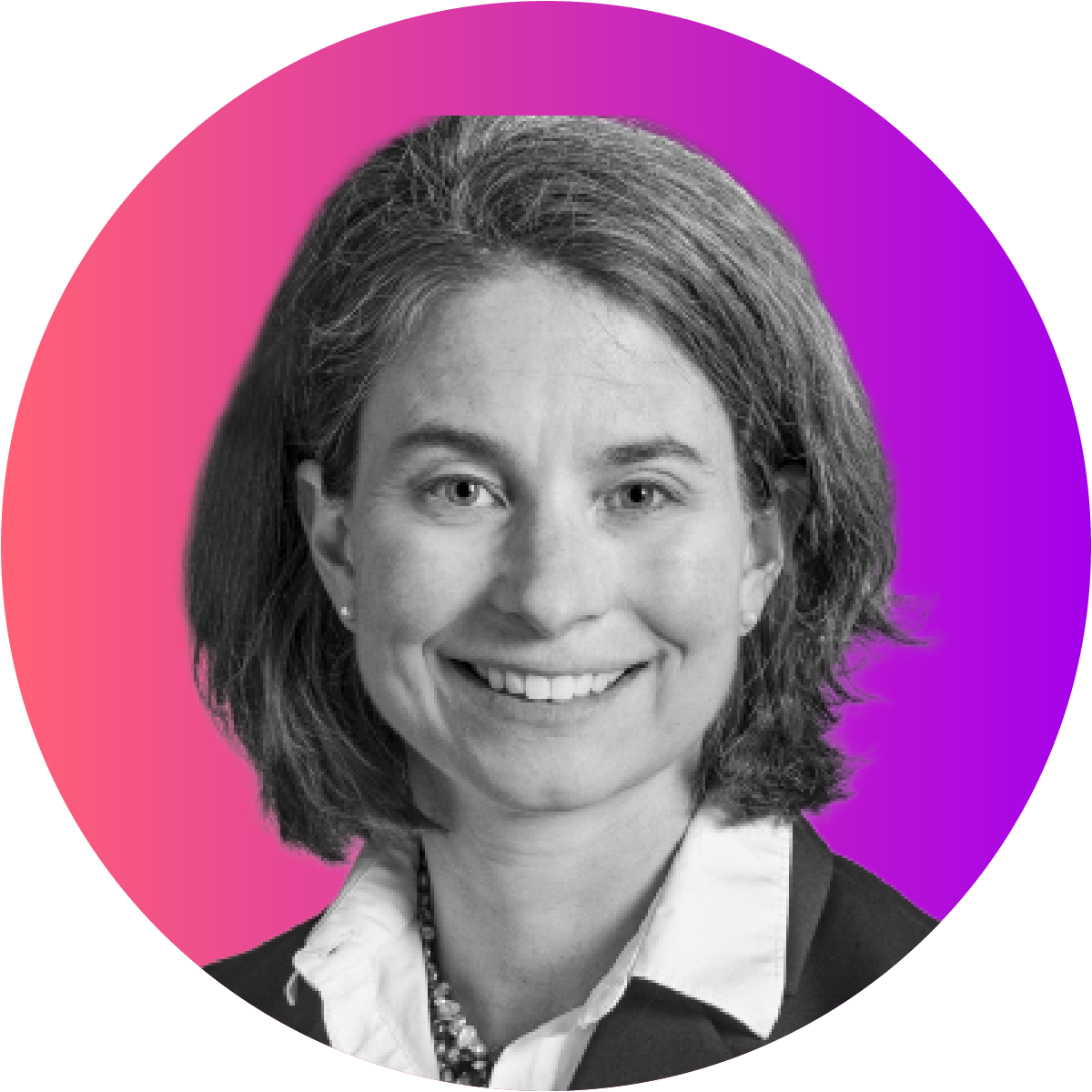 Black and white portrait of a smiling woman with shoulder-length hair, wearing a suit jacket, white shirt, and necklace, against a colorful gradient background with pink, purple, and blue hues.