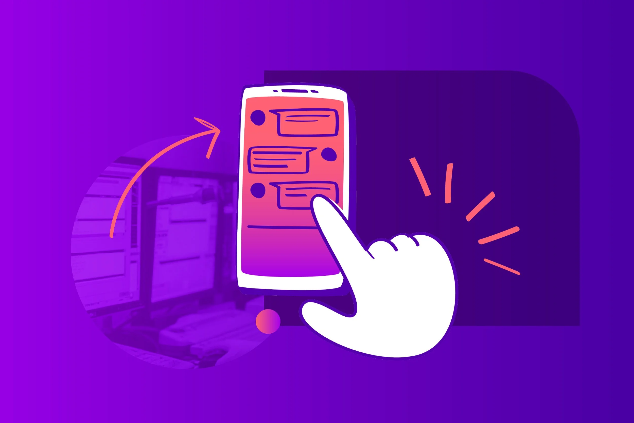 Digital illustration of a hand tapping a smartphone screen displaying chat messages, with a purple background and abstract lines.