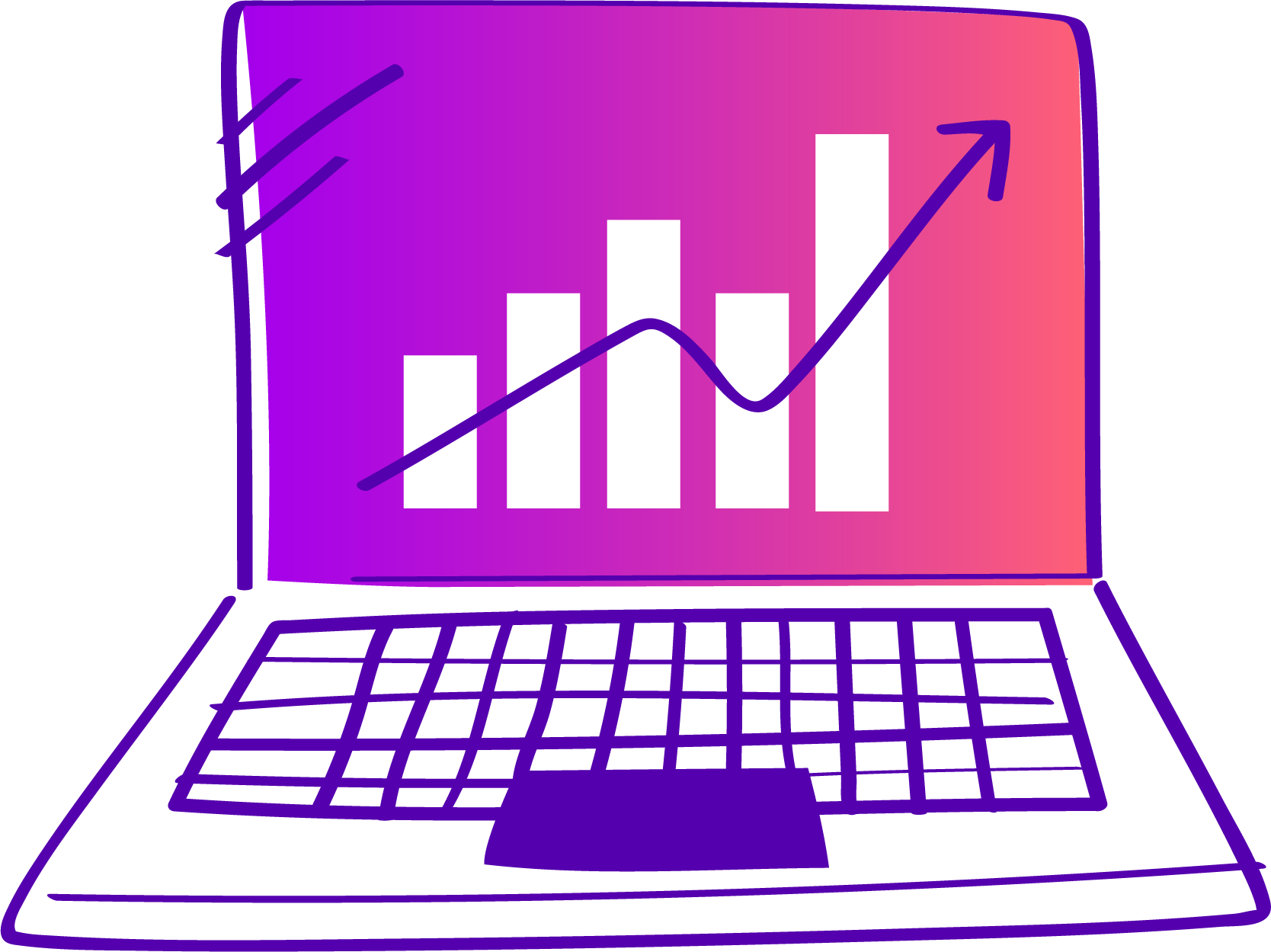A stylized digital illustration showing a laptop with a grid keyboard and a screen displaying a purple and pink gradient background with a white bar chart and a purple upward arrow representing data growth.