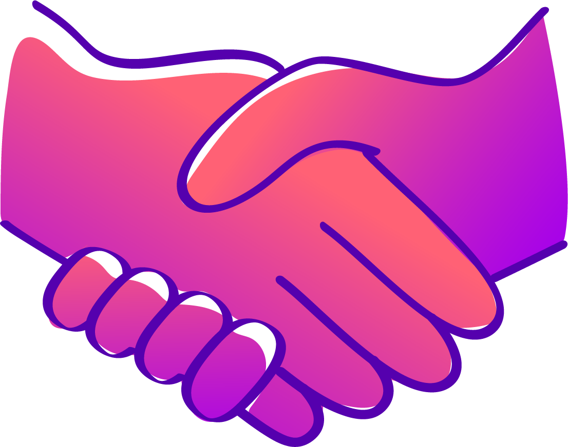 Illustration of two hands shaking, with pink and purple gradient colors on a dark purple background.