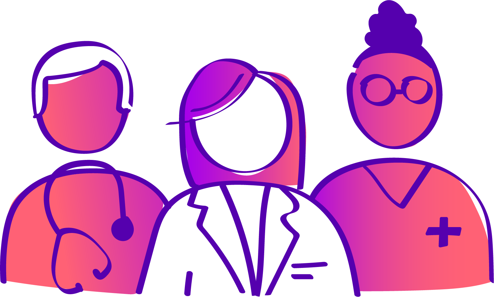 Illustration of three healthcare professionals, including a doctor and two nurses, with a stethoscope, medical coat, and medical cross symbols.