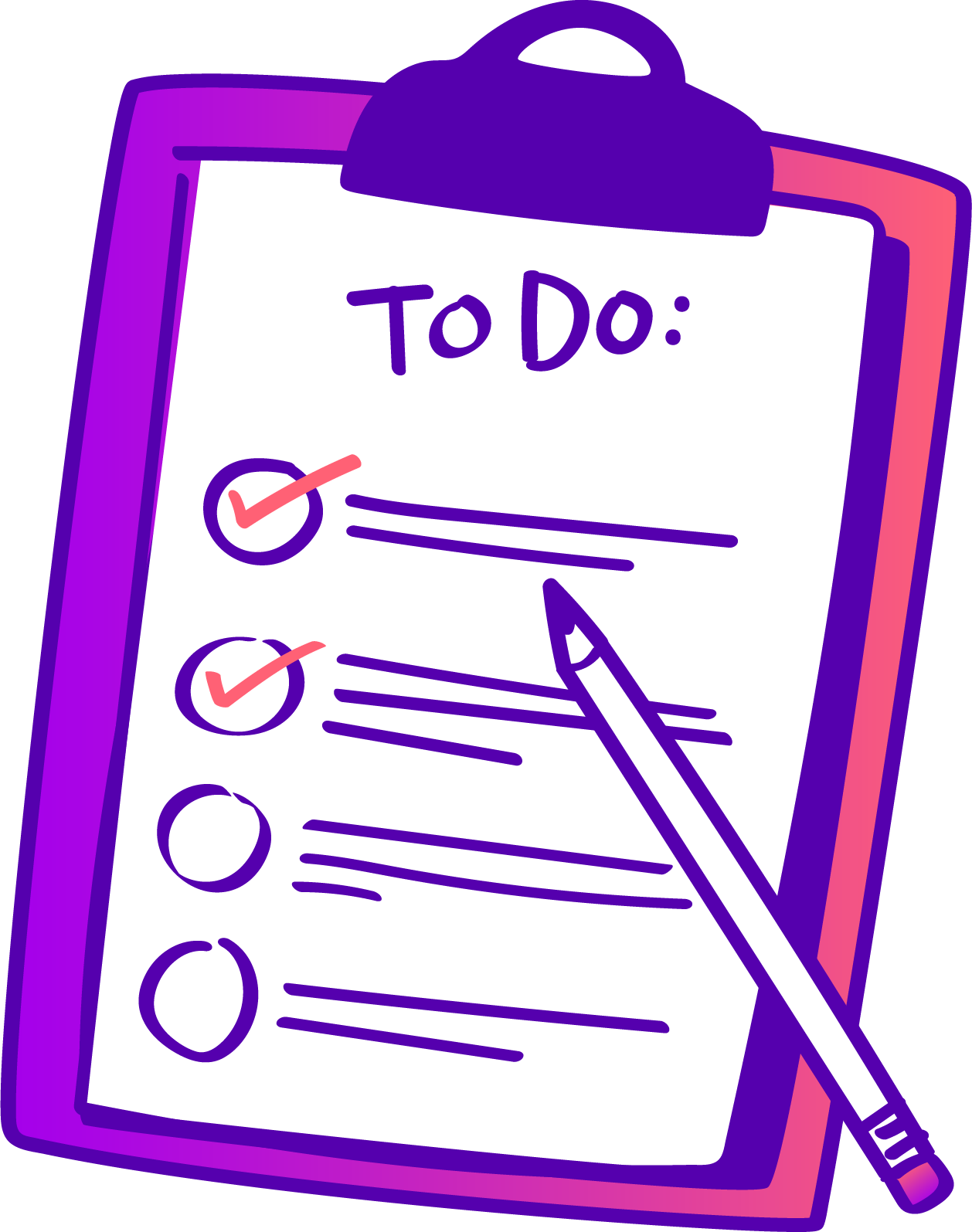 A colorful illustration of a clipboard with a to-do list, checkboxes, and a pencil, with some items marked and others pending.