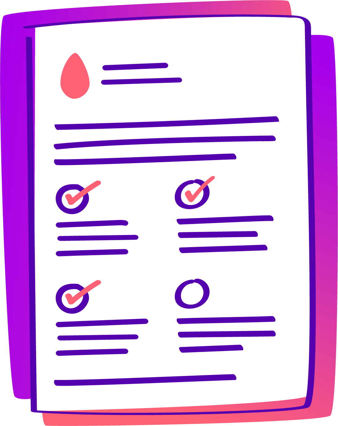 A colorful illustration of a checklist or quiz with six items. Some items are marked with pink checkmarks inside circles, while others are not checked.