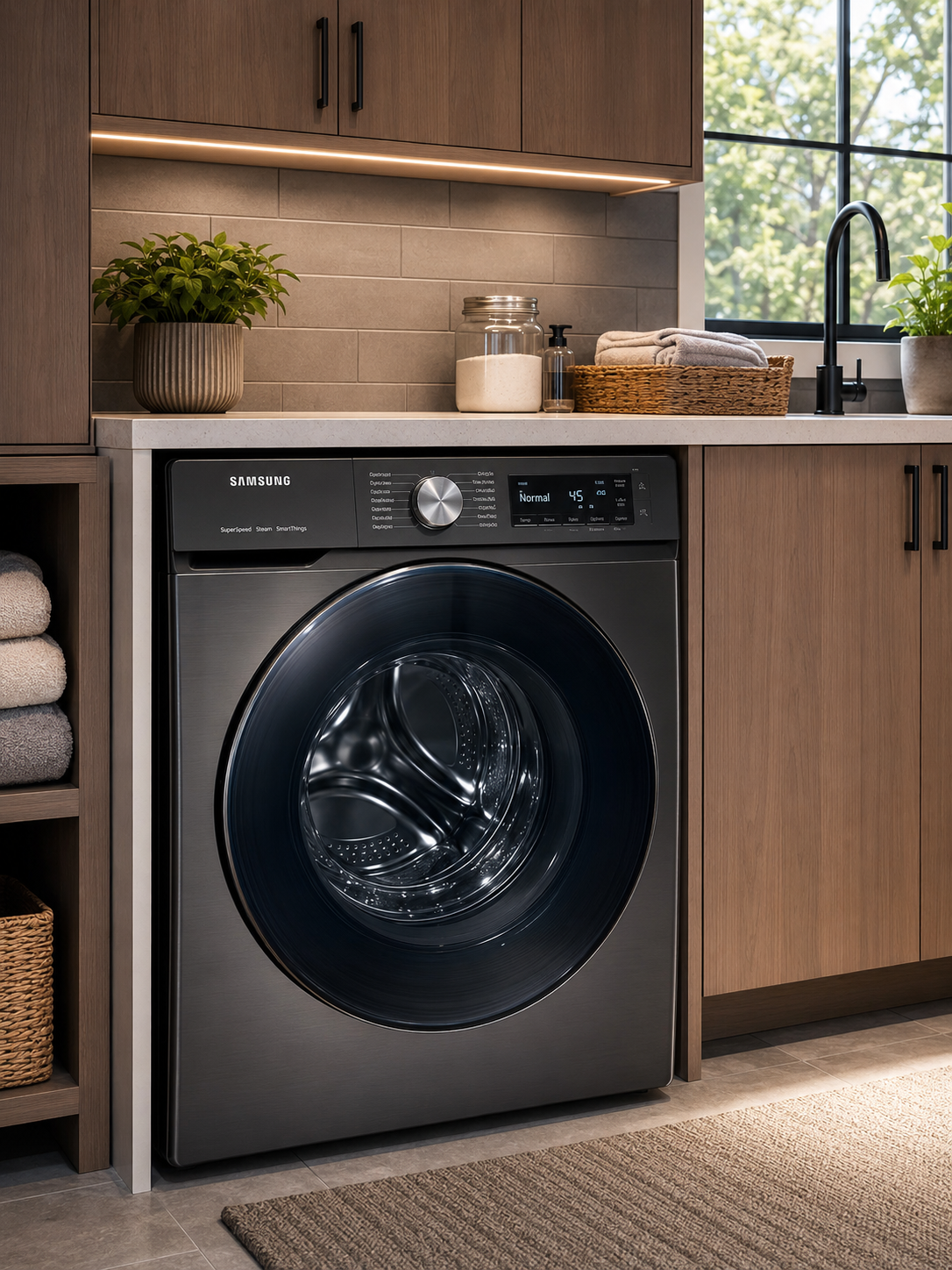 Modern laundry room with a Samsung front-loading washing machine, wooden cabinets, a window with a view of trees, and decorative plants and towels on the countertop.