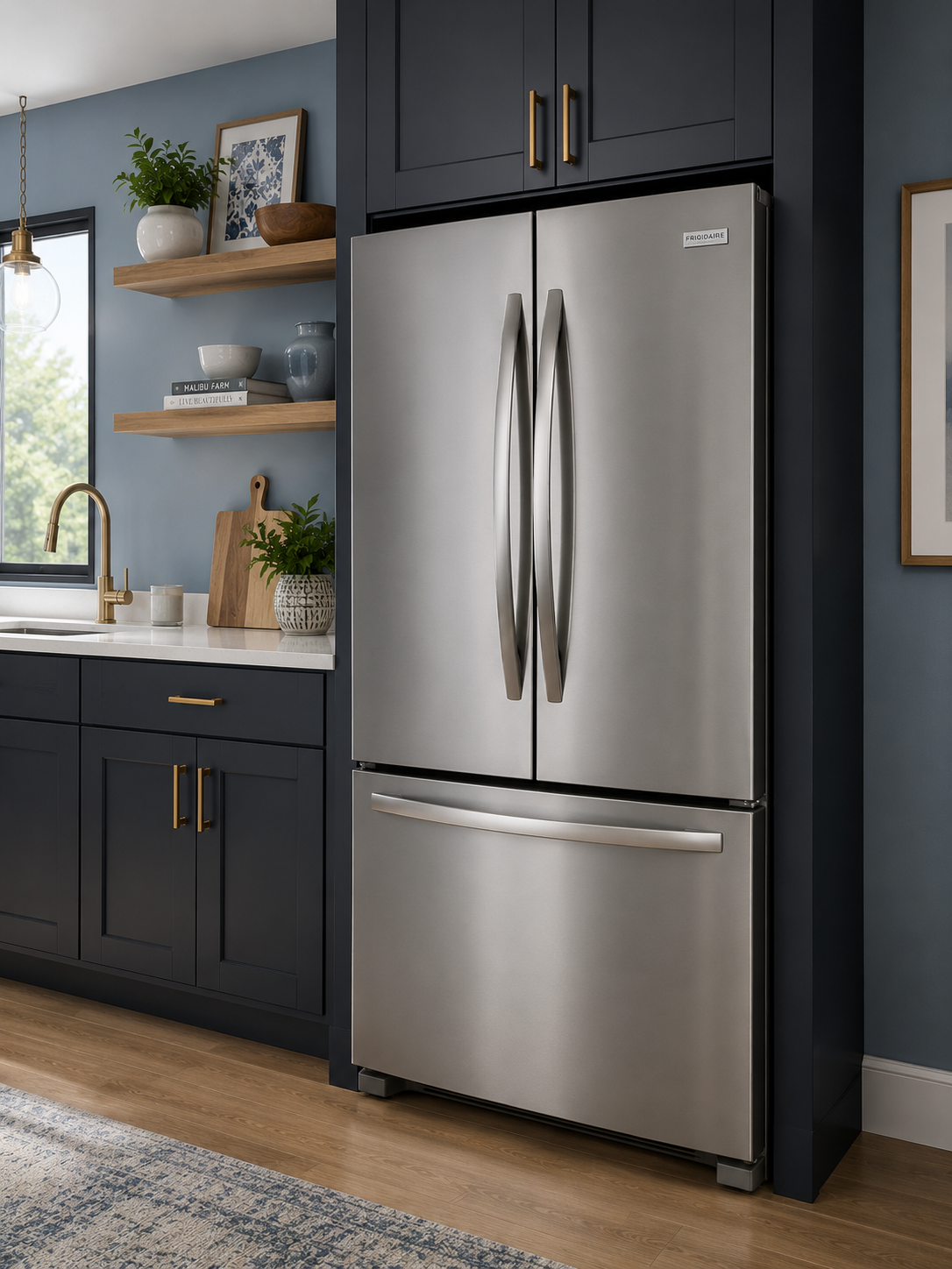 Stainless steel refrigerator with two doors and a bottom freezer in a modern kitchen with navy blue cabinets and wooden shelves.