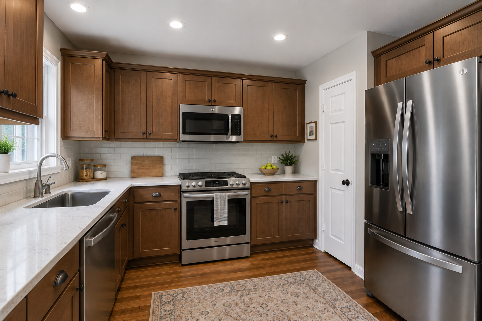 Modern kitchen with wooden cabinets, stainless steel appliances, white countertops, a window, and a patterned rug.