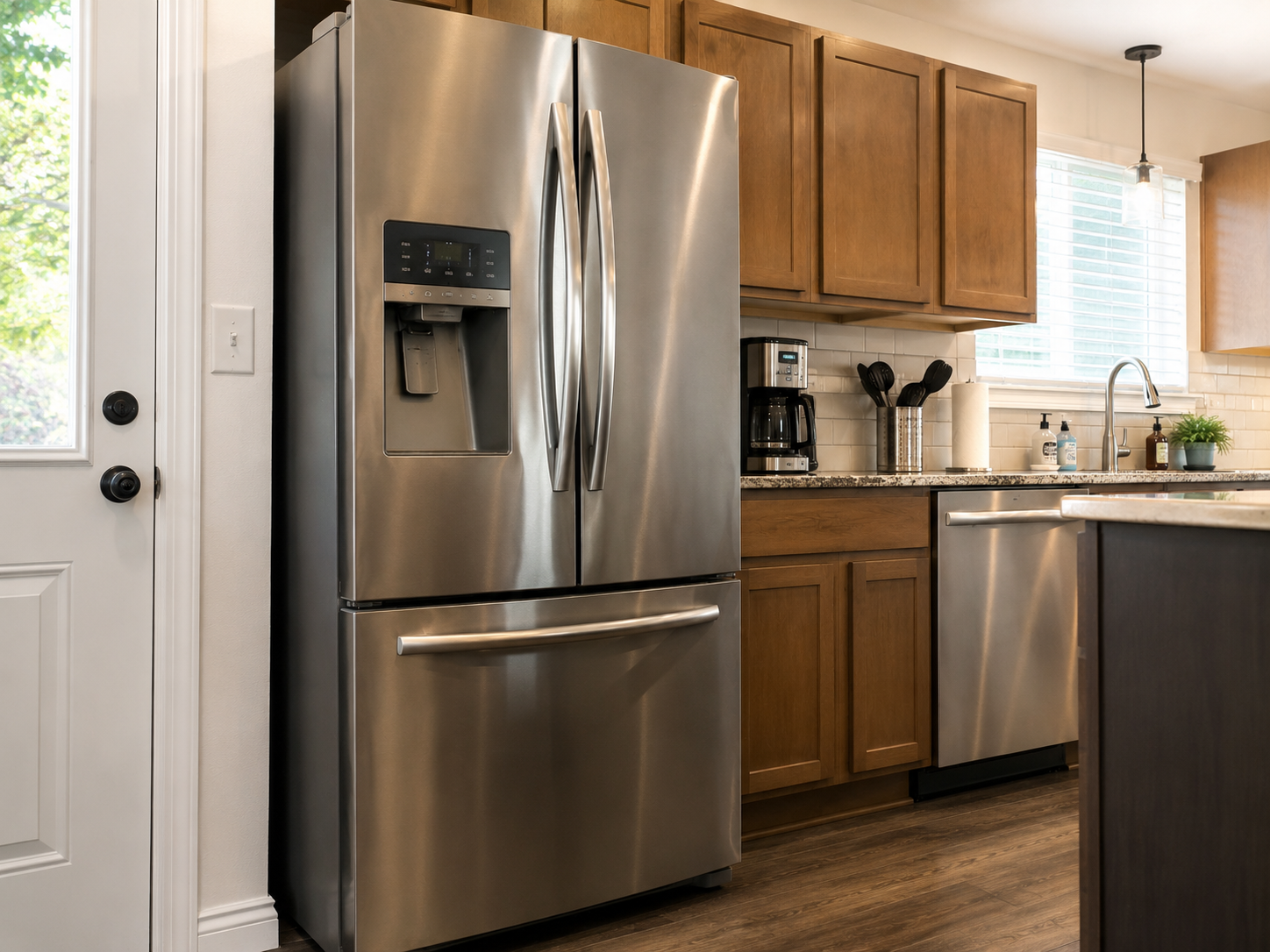 Stainless steel refrigerator in a kitchen with wooden cabinets, granite countertop, and window with blinds.