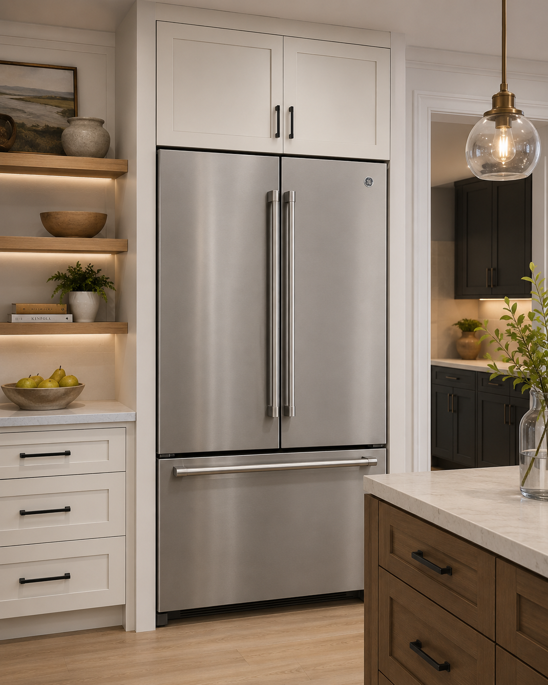 Kitchen with stainless steel GE refrigerator, white cabinets, open wooden shelves with decor, and a marble countertop island.