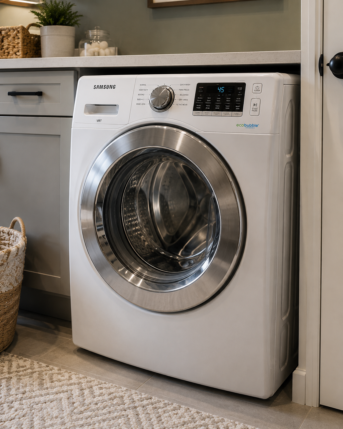 A white Samsung front-loading washing machine in a laundry room, with a digital display showing 45 and various control buttons and a dial on top.